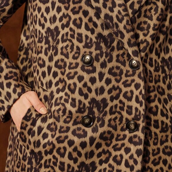 Khaki Elegant Women's Classic Collar Leopard Coat - Picture 4 of 8